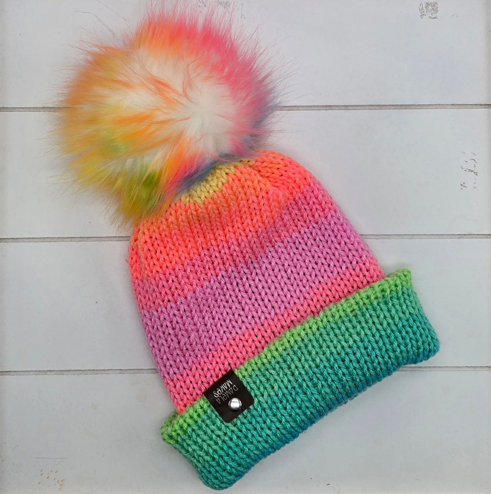Knit Beanie Neon Rainbow Pom Pom