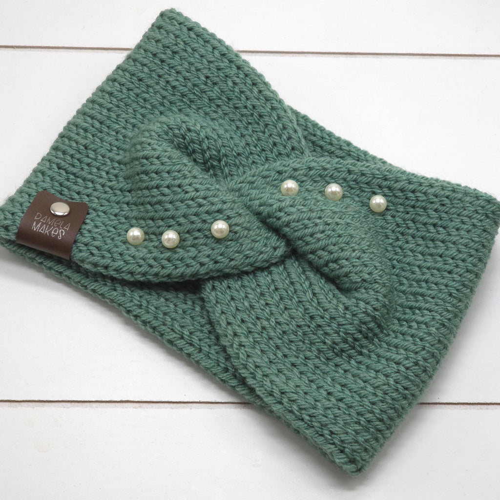 Knit Headband Teal w/ Pearls