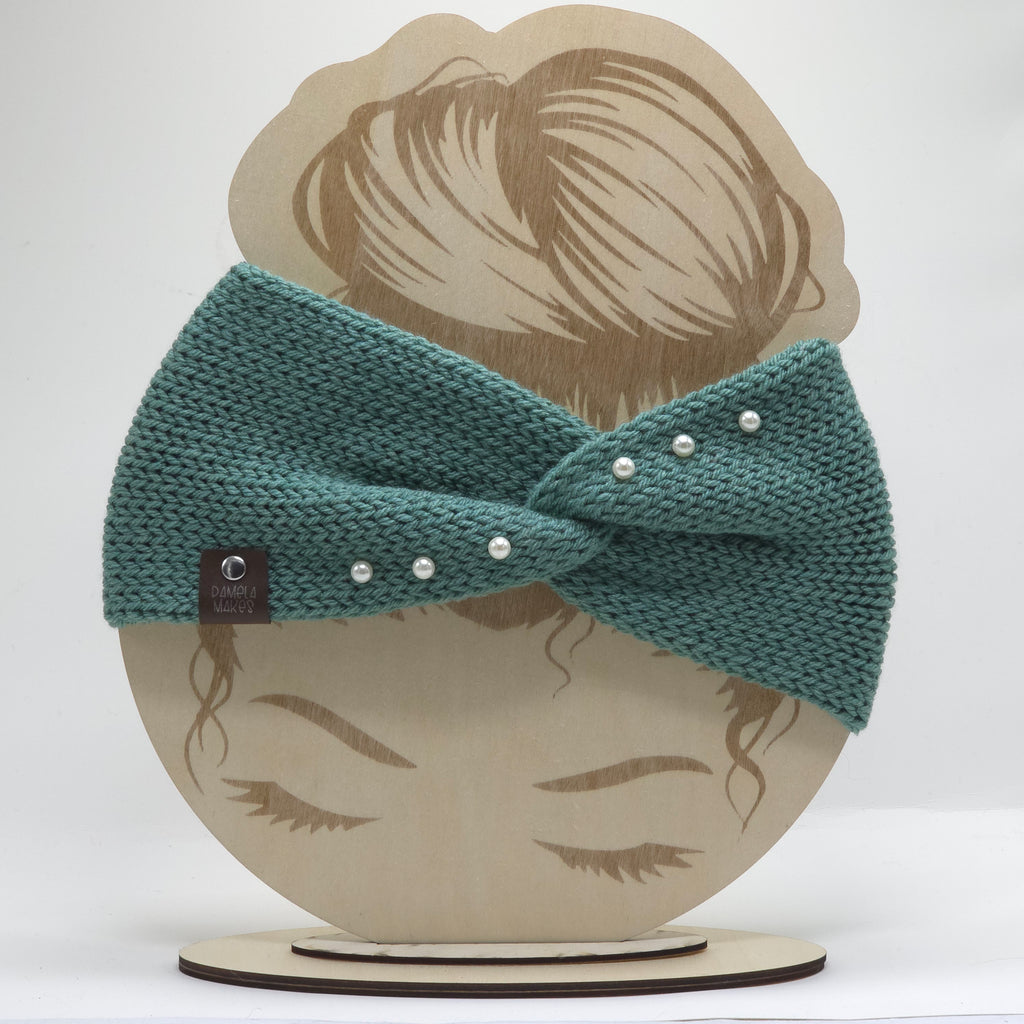 Knit Headband Teal w/ Pearls