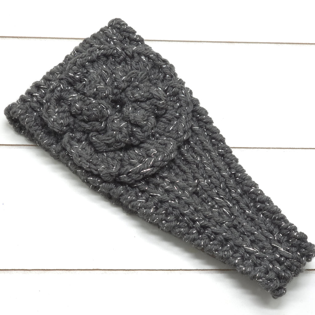 Crochet Headwrap Tapered w/ flower Grey sparkle