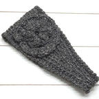 Crochet Headwrap Tapered w/ flower Grey sparkle