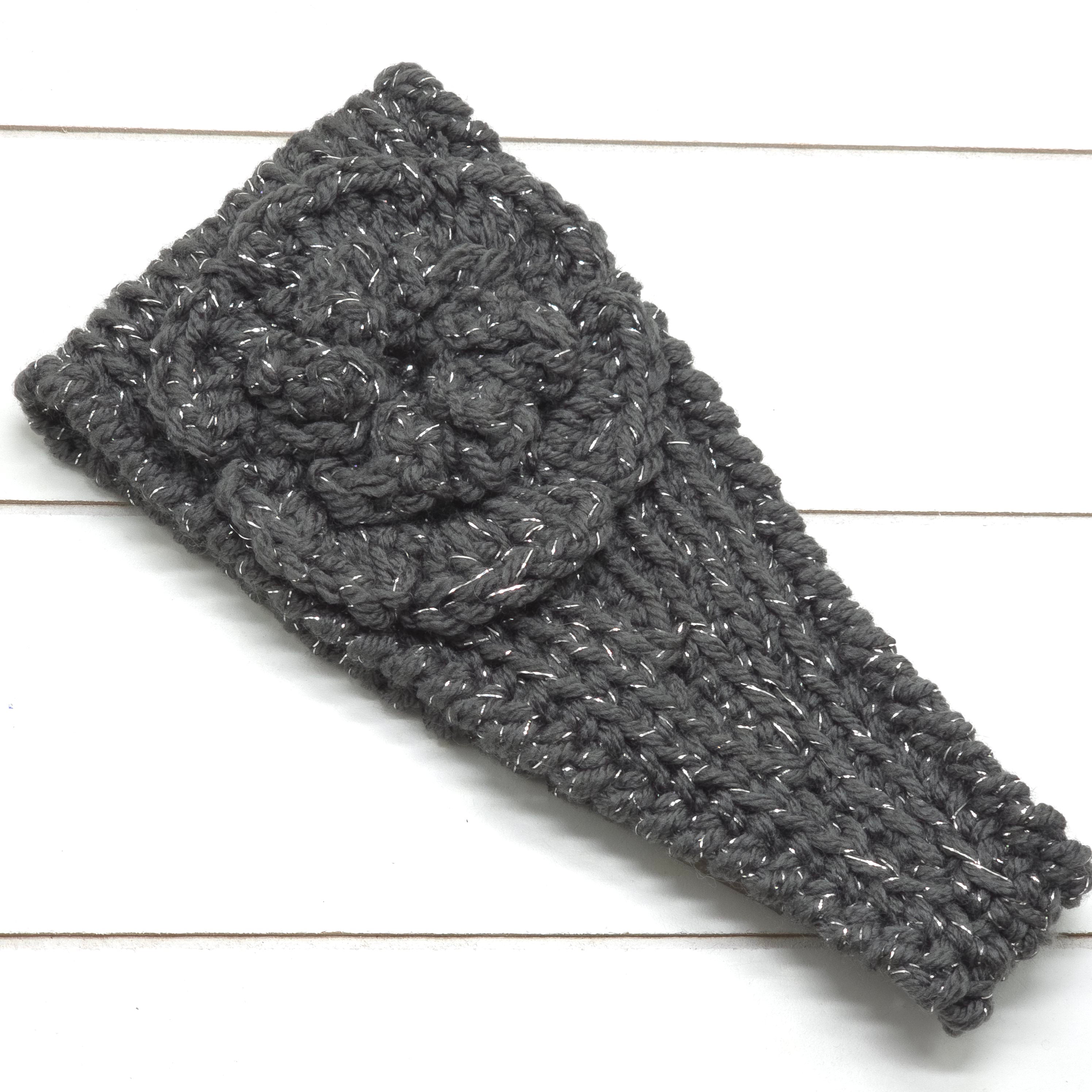 Crochet Headwrap Tapered w/ flower Grey sparkle