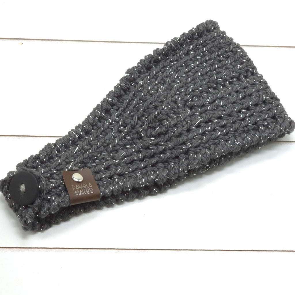 Crochet Headwrap Tapered w/ flower Grey sparkle