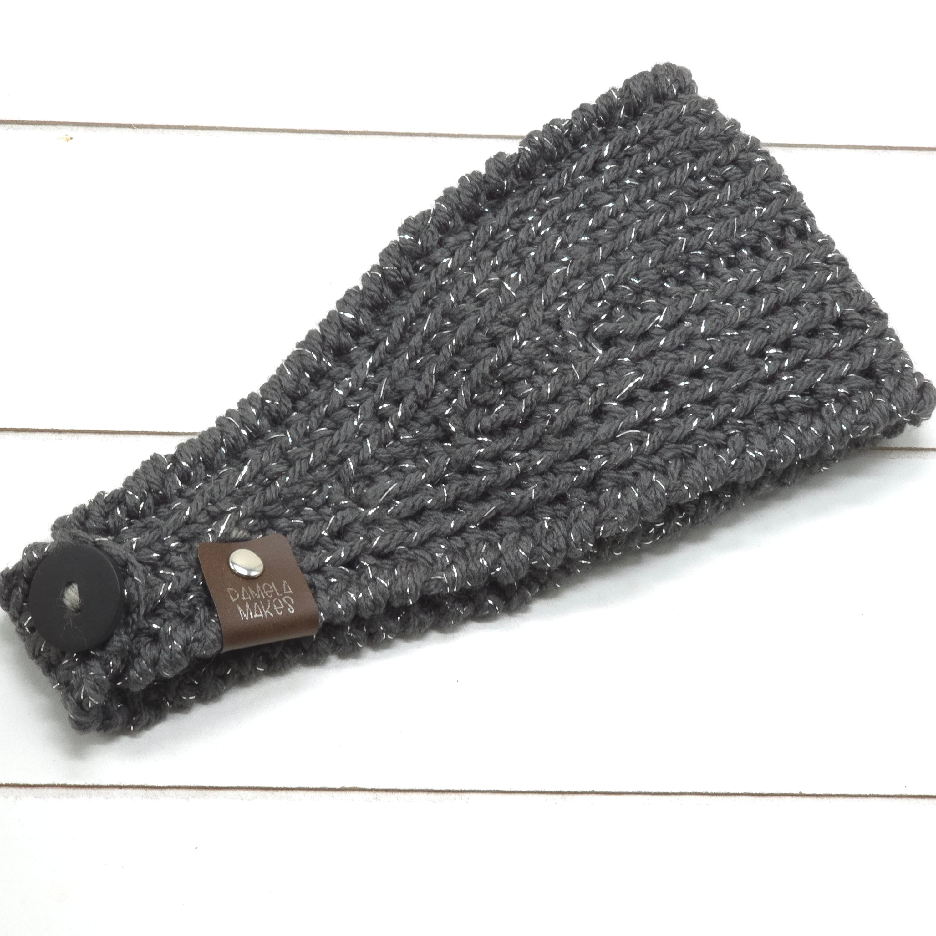 Crochet Headwrap Tapered w/ flower Grey sparkle