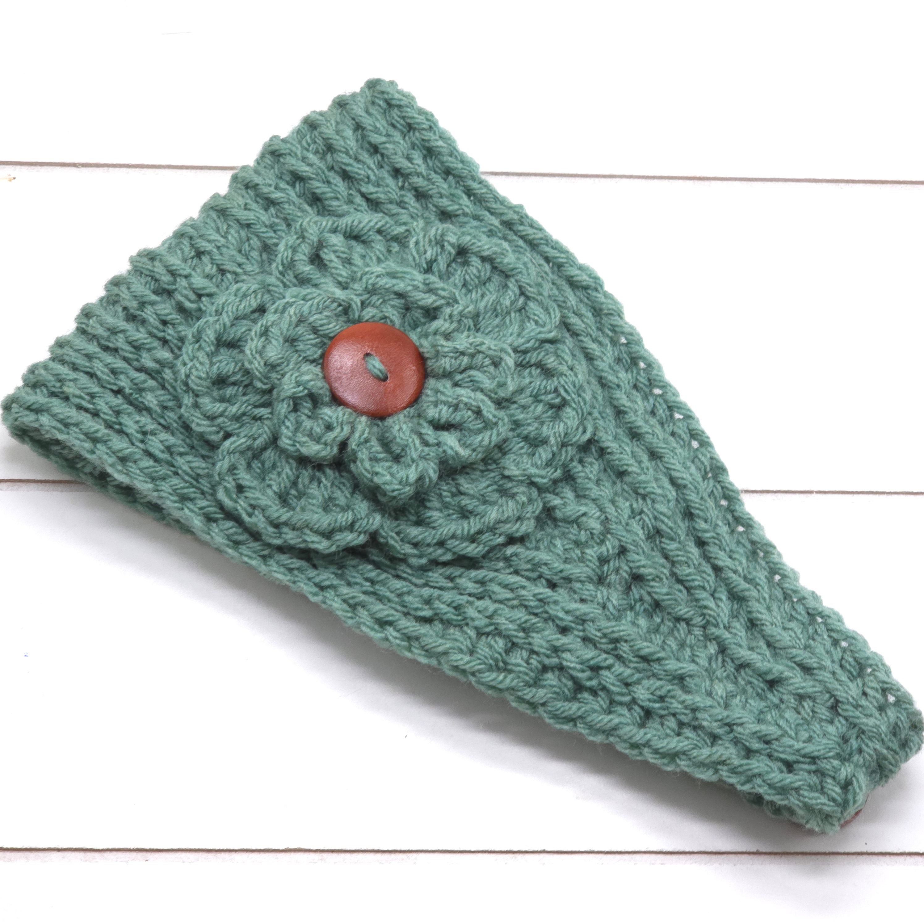 Crochet Headwrap Tapered w/ flower Teal