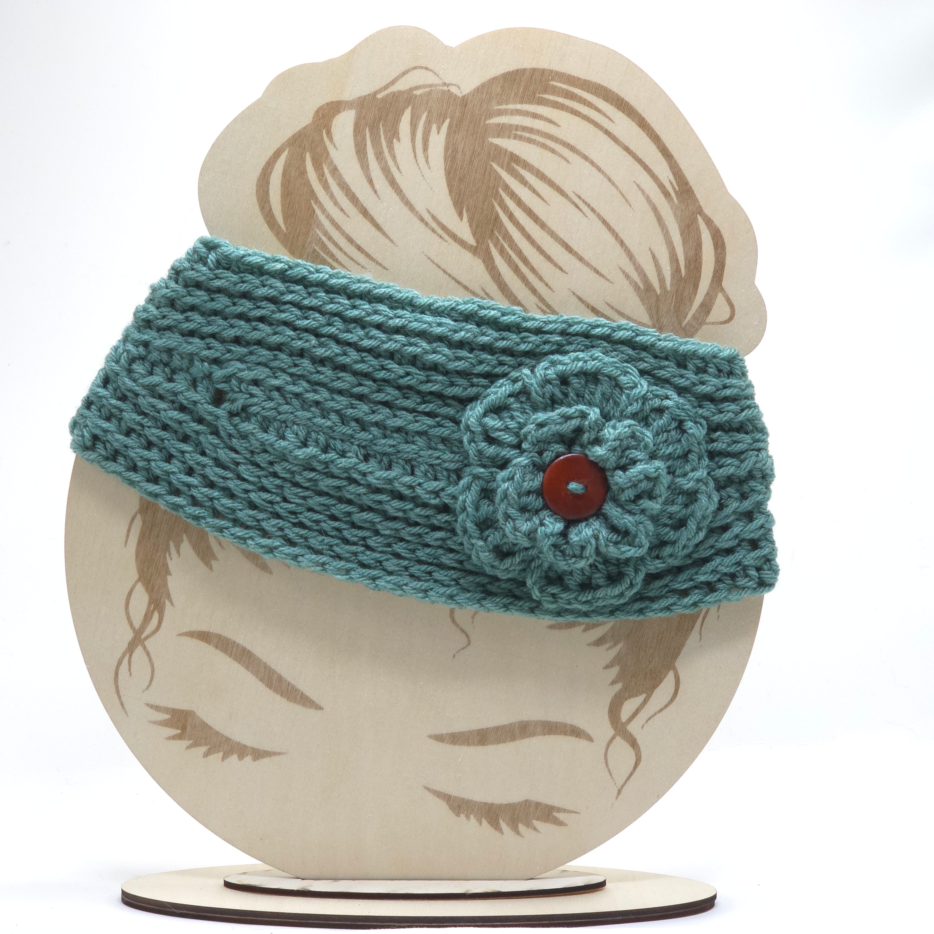 Crochet Headwrap Tapered w/ flower Teal