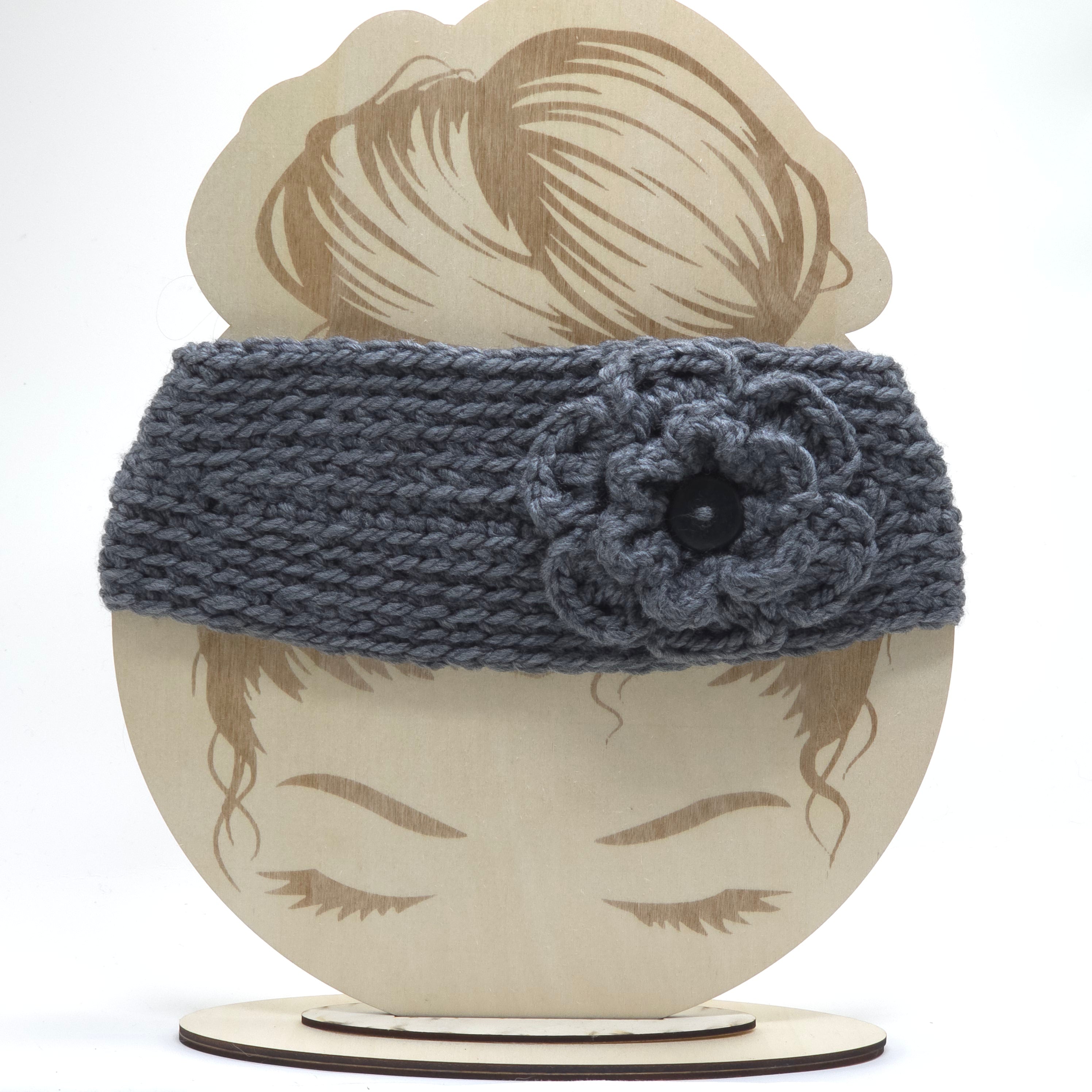 Crochet Headwrap Tapered w/ flower Pewter