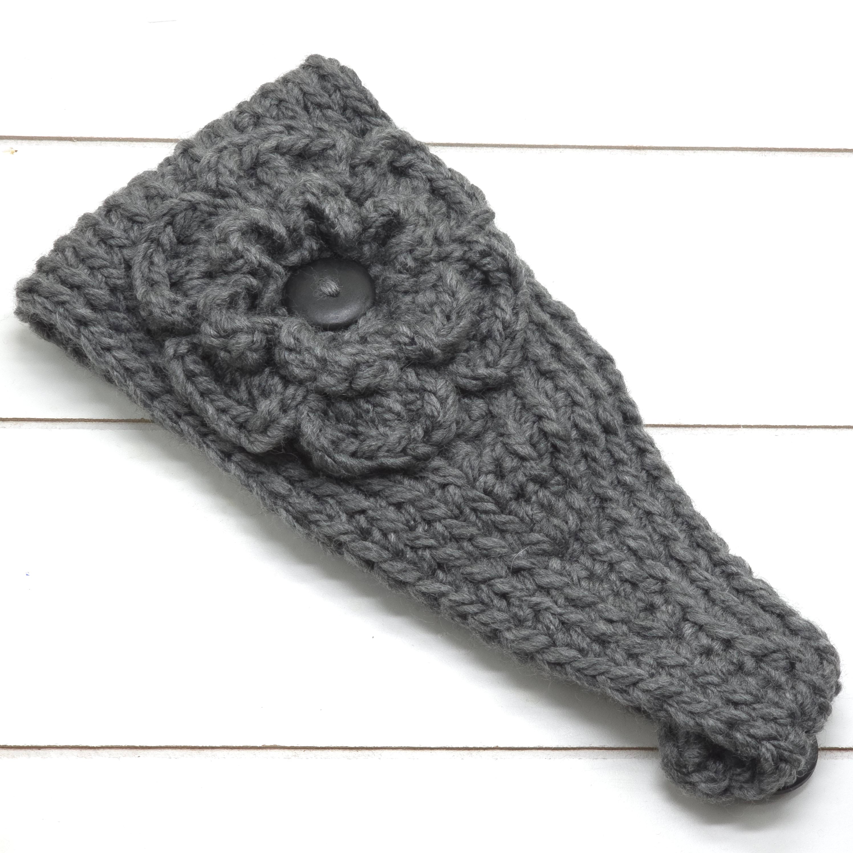 Crochet Headwrap Tapered w/ flower Pewter