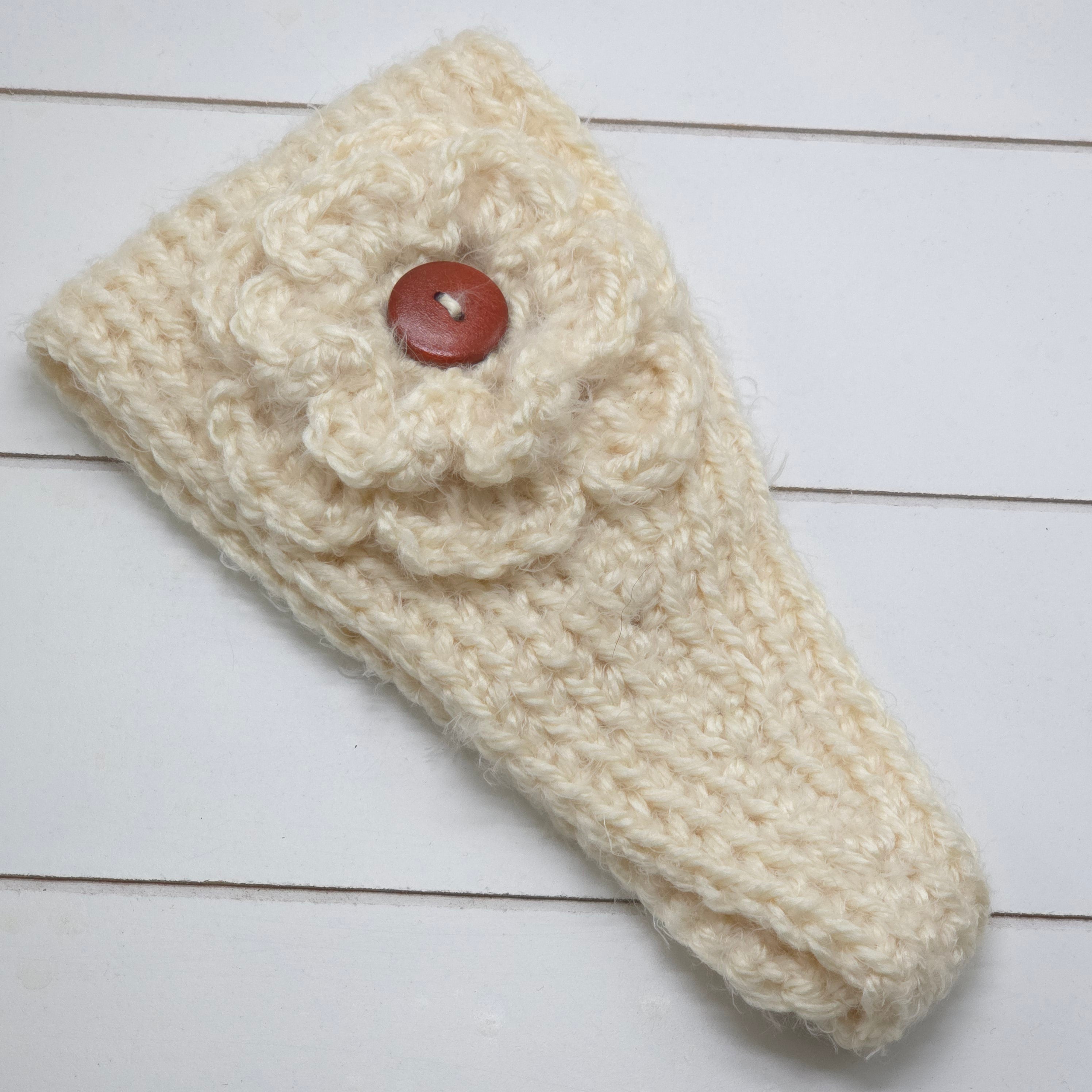 Crochet Headwrap Tapered w/ flower Cream