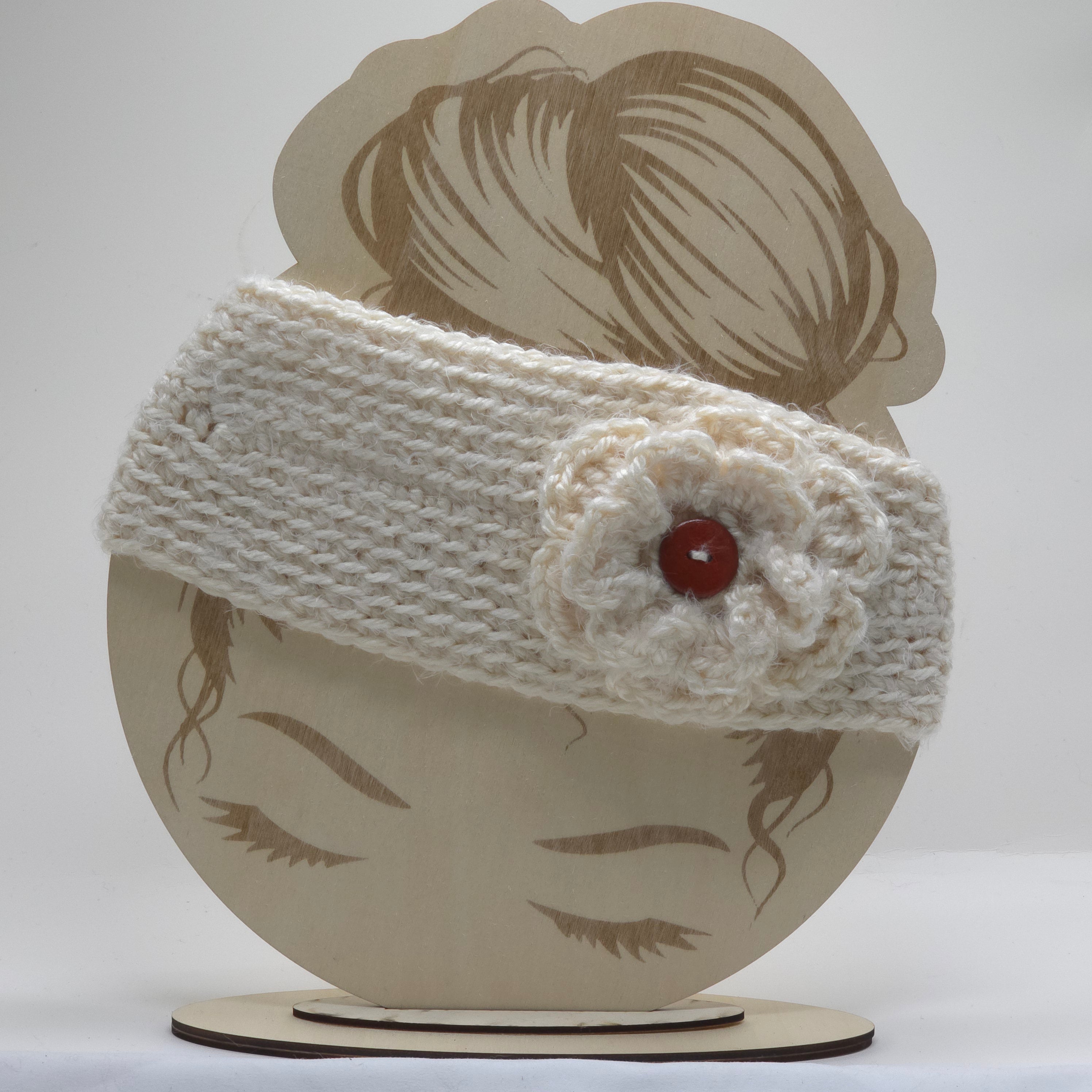 Crochet Headwrap Tapered w/ flower Cream