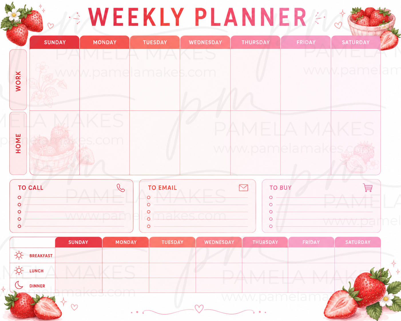 Strawberry  Work & Home Weekly Planner Notepad | 11x8.5