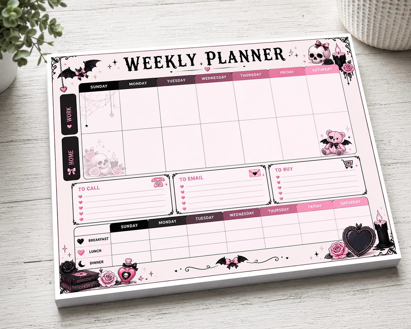 Pastel Goth Work & Home Weekly Planner Notepad | 11x8.5