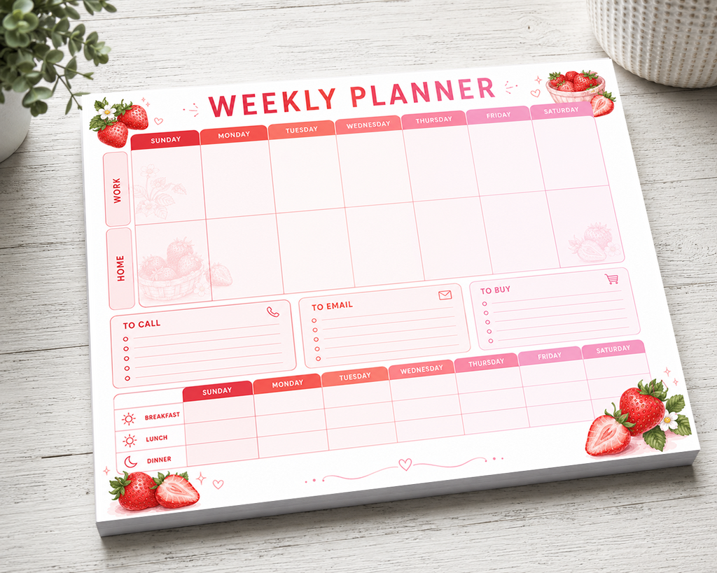 Strawberry  Work & Home Weekly Planner Notepad | 11x8.5