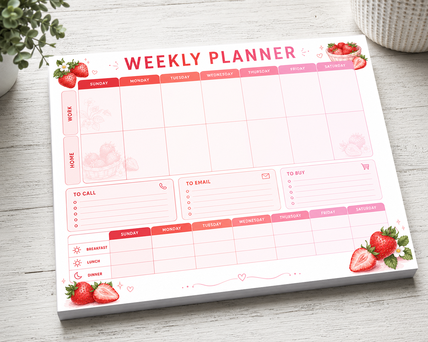 Strawberry  Work & Home Weekly Planner Notepad | 11x8.5